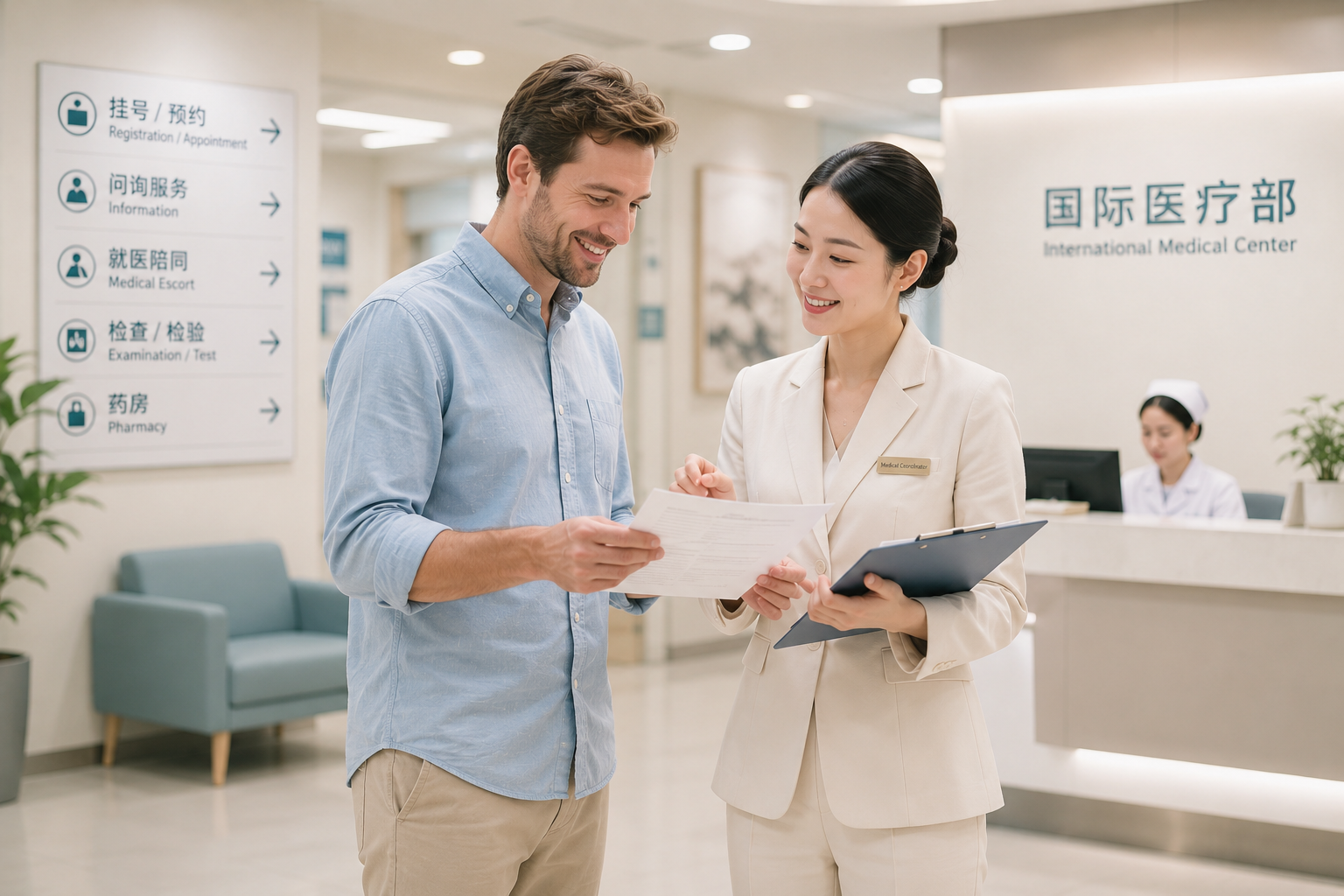 Medical escort coordinator assisting an international visitor