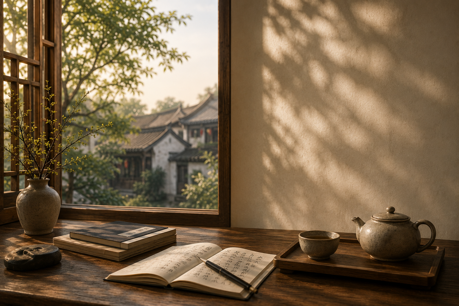 Warm traditional Chinese interior with tea, books and cultural learning atmosphere