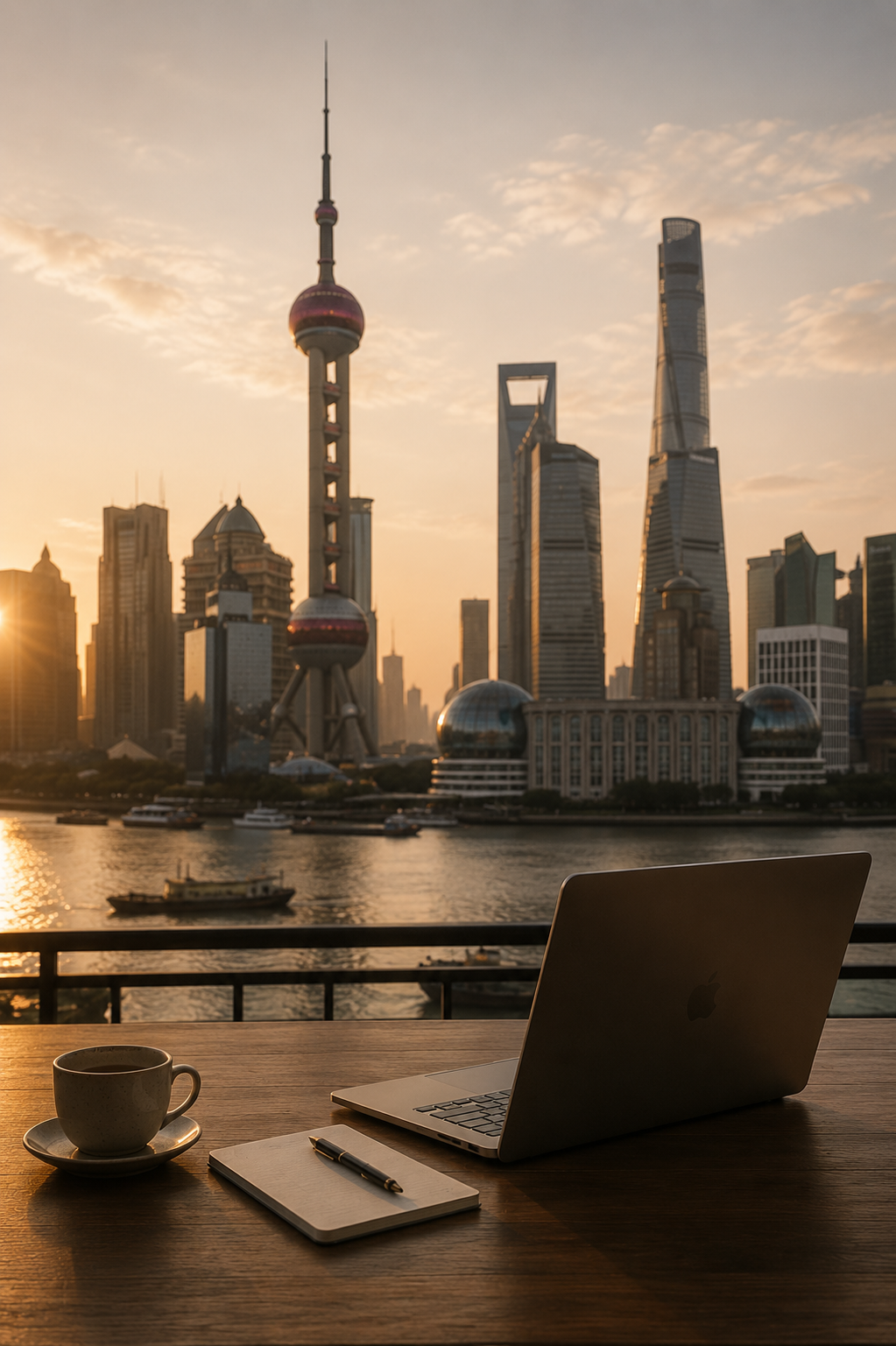 Modern China business lifestyle with Shanghai skyline and workspace