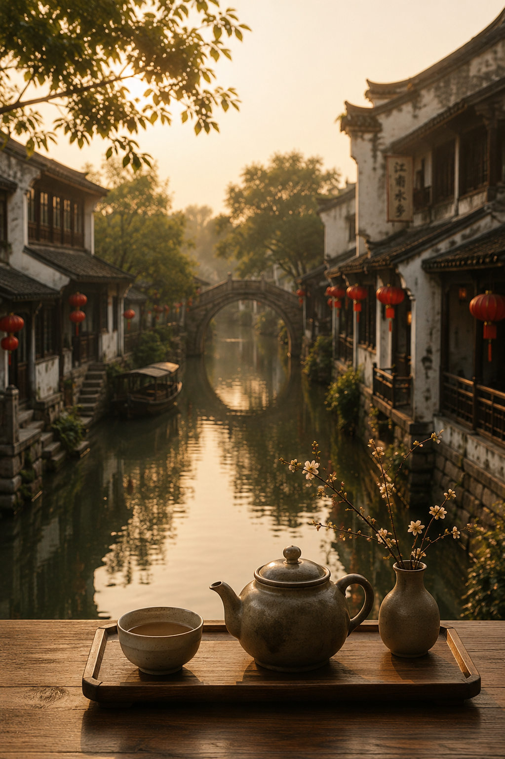 Peaceful traditional Chinese water town with tea and cultural atmosphere
