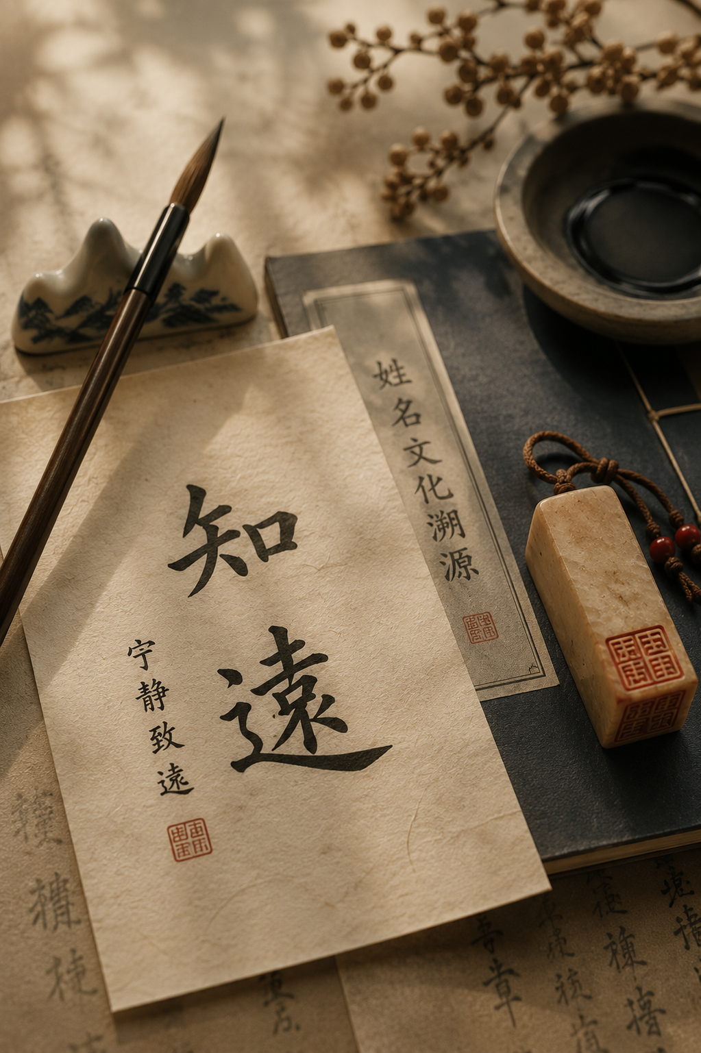 Traditional Chinese calligraphy and naming culture with brush, seal and rice paper