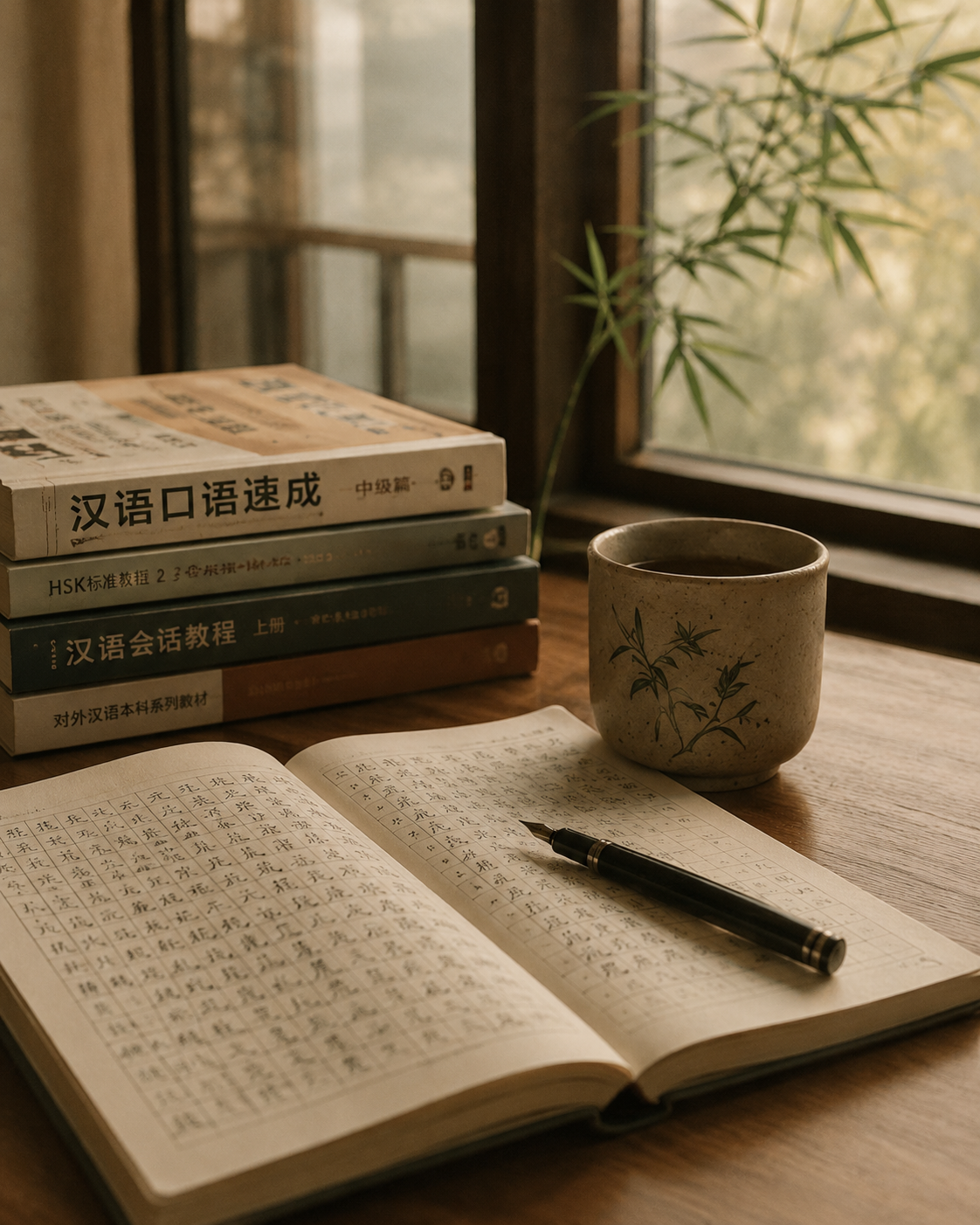 Chinese language learning study scene with notebook, tea and traditional atmosphere