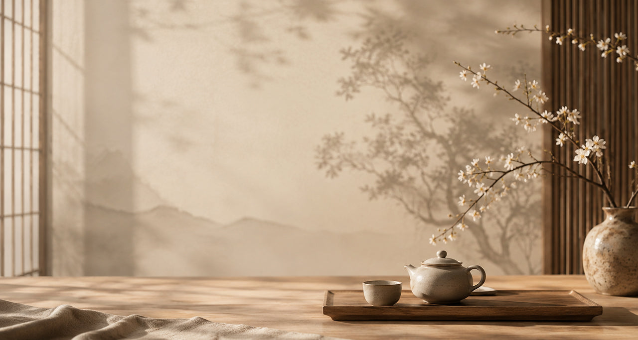 Peaceful Chinese cultural learning scene with traditional Eastern aesthetics